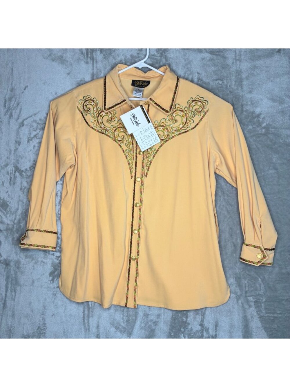 Bob Mackie Wearable Art Embroidered Western Shirt 1X Gold Buttons Long Sleeves B